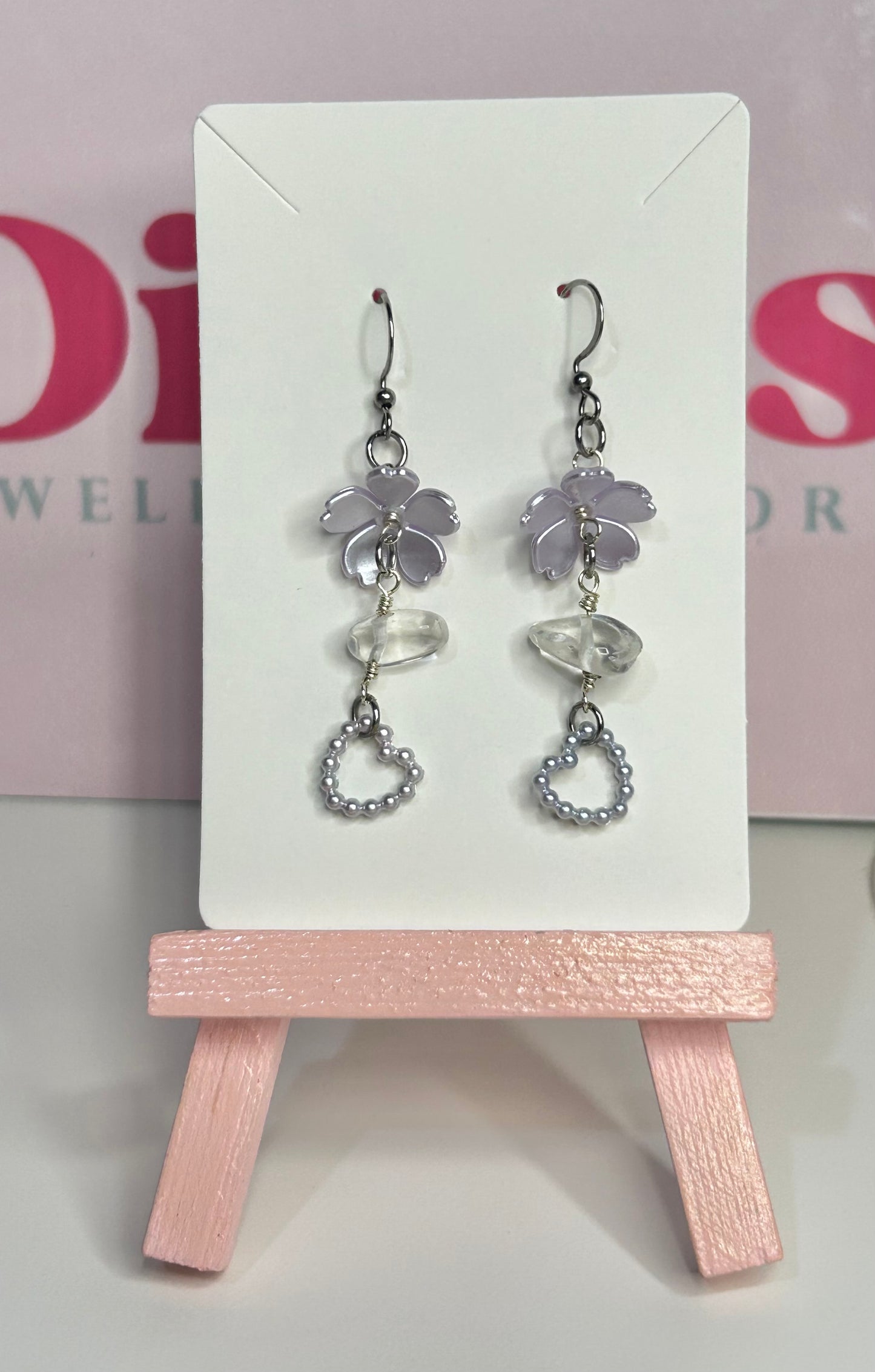 Purple Flower and Heart Earrings